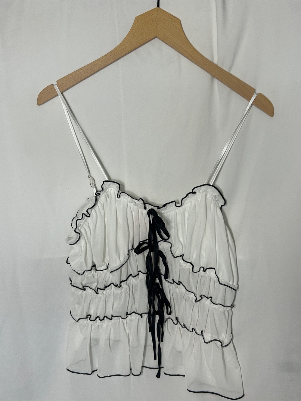 So Me White Ruffle Tie-Front Camisole with Black Trim